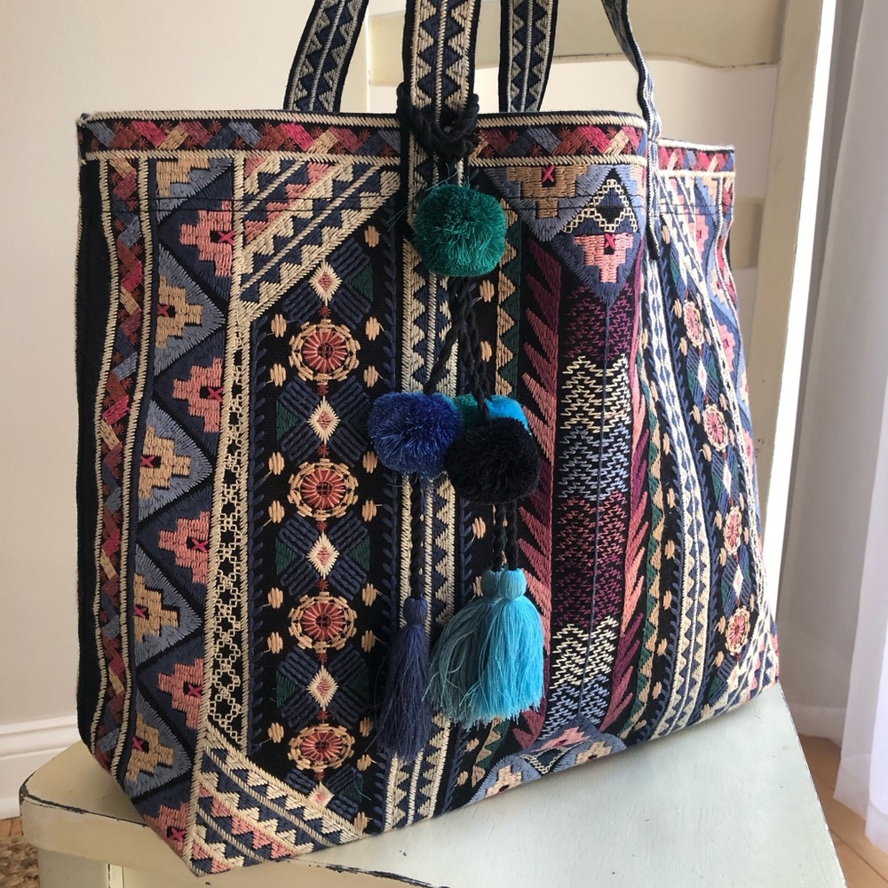 New: Johnny Was Embroidered Tote with Pom Tassels - Picture 7 of 14